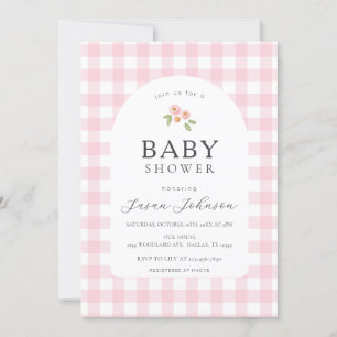 Pink and White Buffalo Check Plaid Baby Shower Invitation