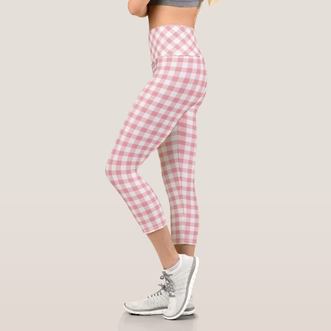 Pink and White Buffalo Plaid Capri Leggings (Left)