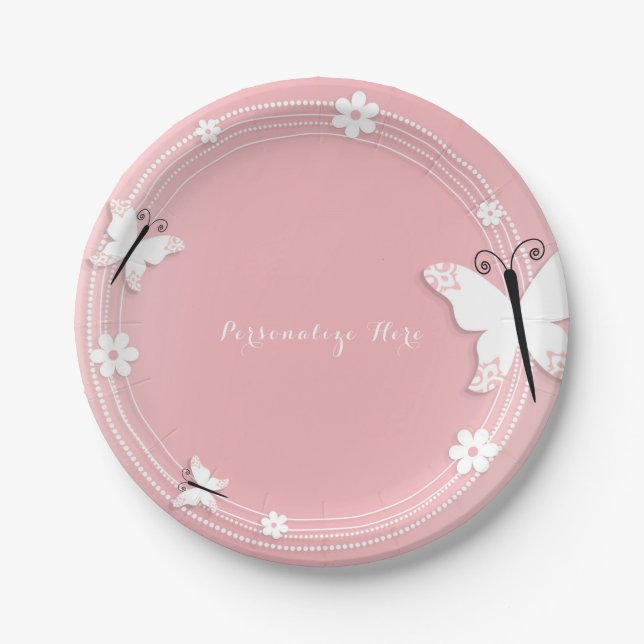Pink and White Butterflies & Flowers Custom Party Paper Plate (Front)