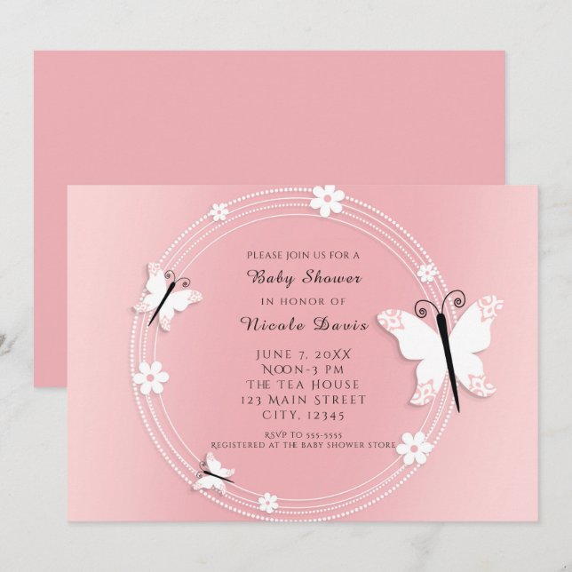 Pink and White Butterflies & Flowers Invitations (Front/Back)
