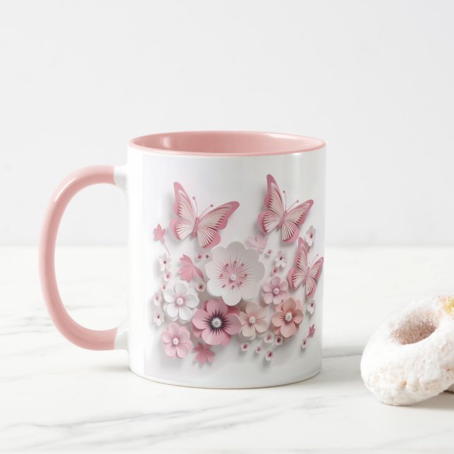 Pink and White Butterflies Flowers Mug (With Donut)