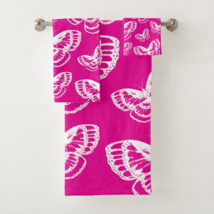 Pink and White Butterflies Pattern Bath Towel Set
