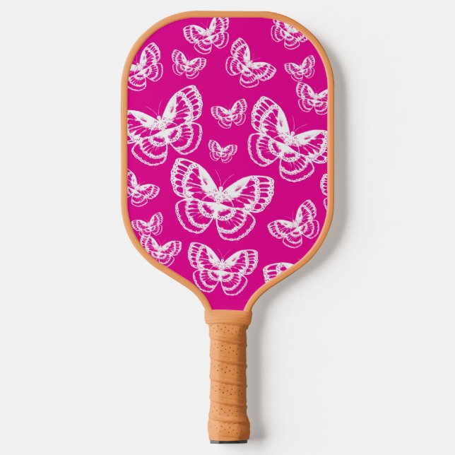 Pink and White Butterflies Pattern Pickleball Paddle (Front)