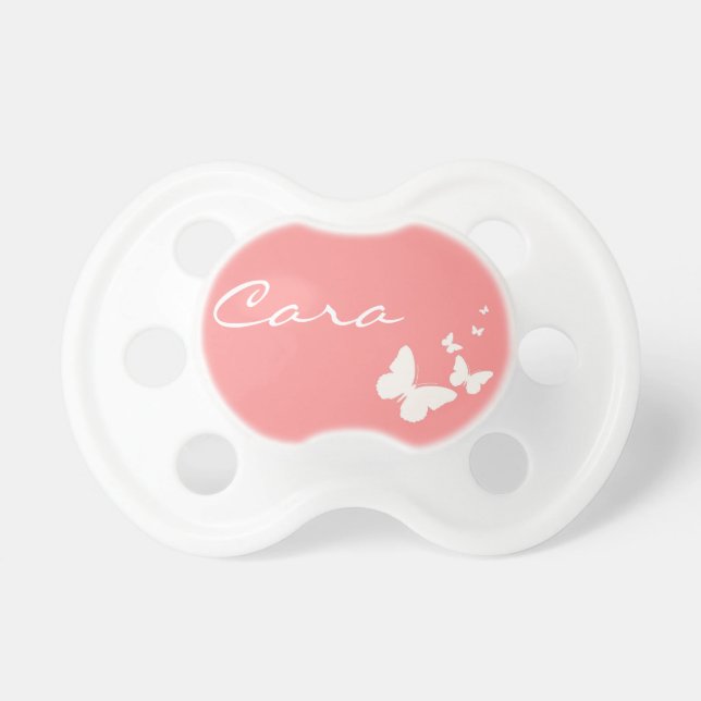 Pink and White Butterfly Personalised Baby Pacifer Dummy (Front)