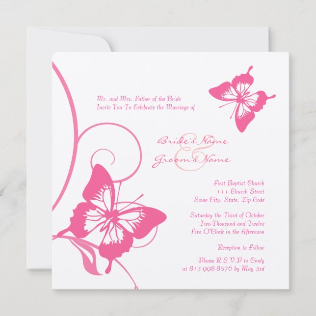 Pink and White Butterfly Wedding Invitation (Front)