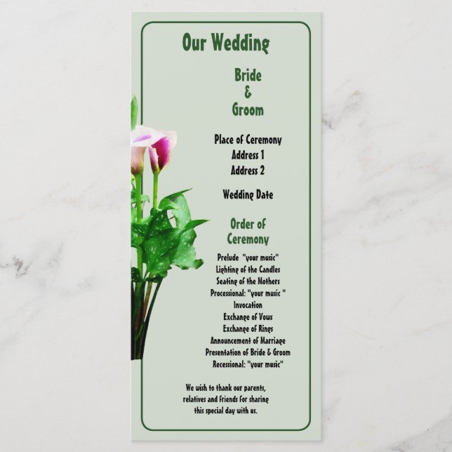 Pink and White Calla Lilies Wedding Program Programme (Front)
