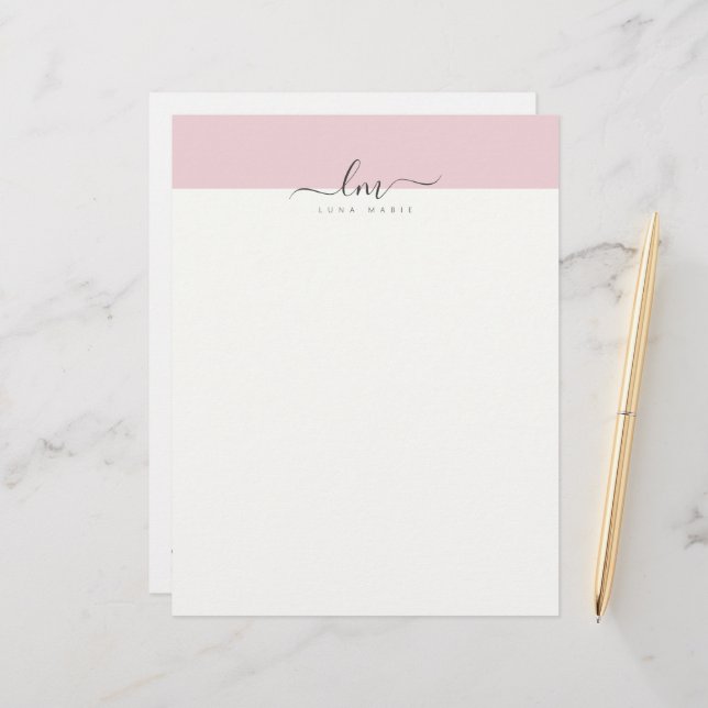 Pink and white, calligraph monogram minimalist custom letterhead (Front/Back In Situ)