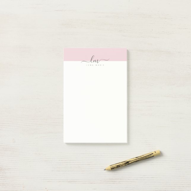 Pink and white, calligraph monogram minimalist post-it notes (On Desk)