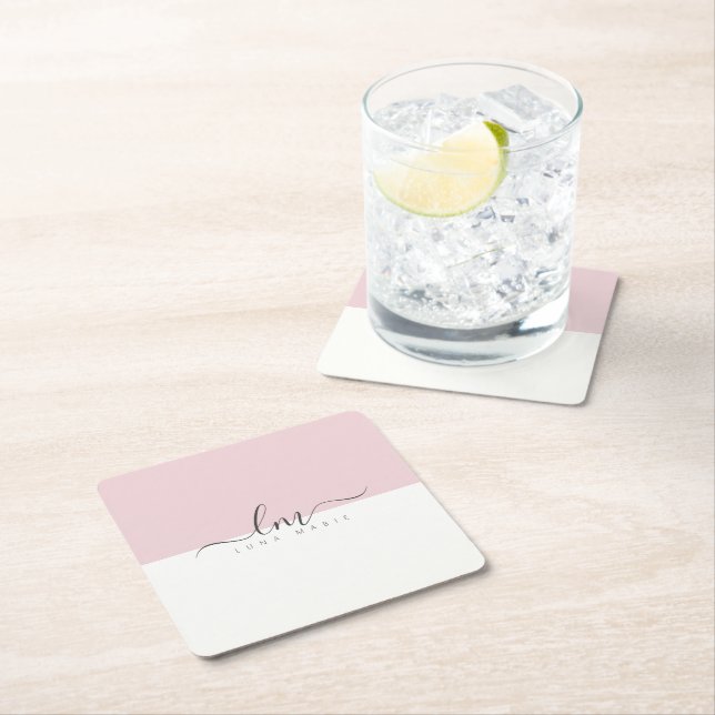 Pink and white, calligraph monogram minimalist square paper coaster (Insitu)