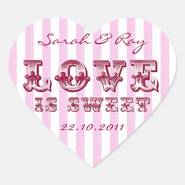 Pink and white Candy stripe love is sweet sticker (Front)