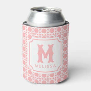 Pink and White Cane   Rattan   Monogram  Can Cooler