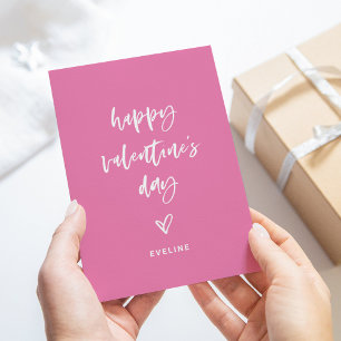 Pink and White Casual Script and Heart Valentine Holiday Card