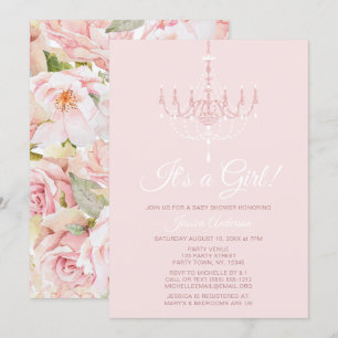 Pink and White Chandelier Floral Rose Baby Shower Invitation