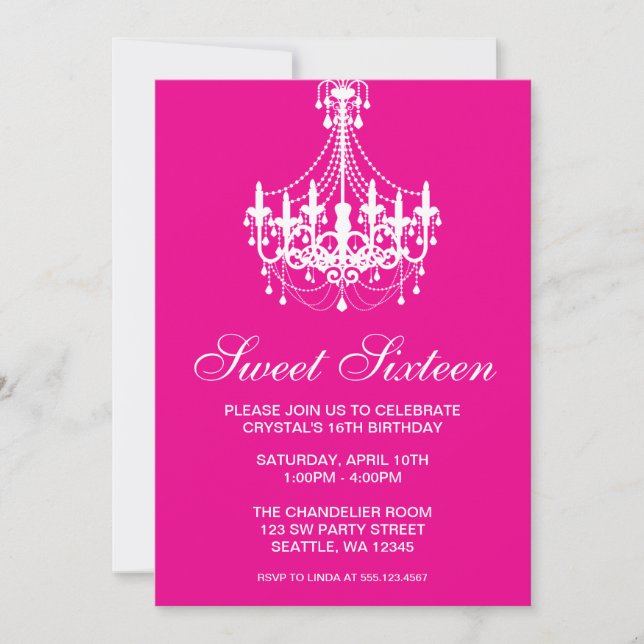 Pink and White Chandelier Sweet Sixteen Birthday Invitation (Front)