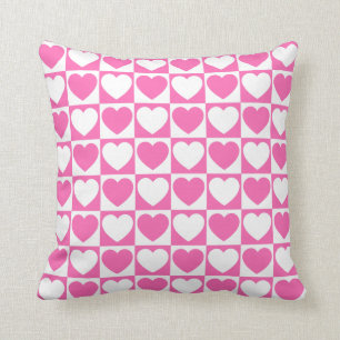 Pink and White Checkered Pattern With Hearts Cushion
