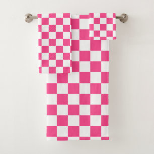 Pink and White Checkered Print Bath Towel Set