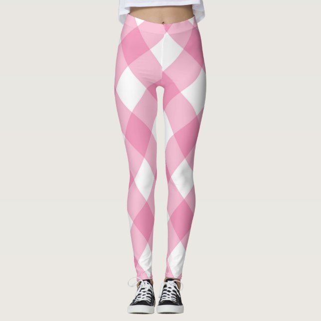 Pink and White Checks Pretty Girly Feminine Leggin Leggings (Front)