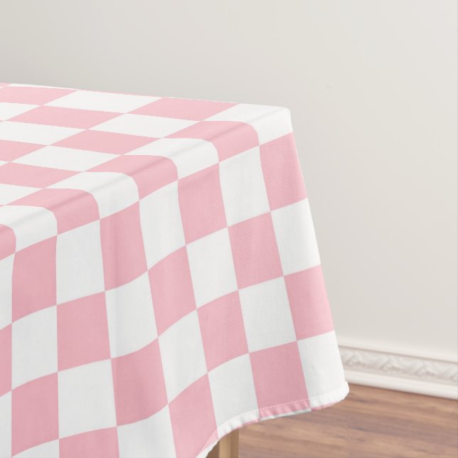 Pink and white chequered check cotton dining tablecloth (In Situ)
