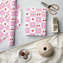Pink and White Chequered Cherries Wrapping Paper