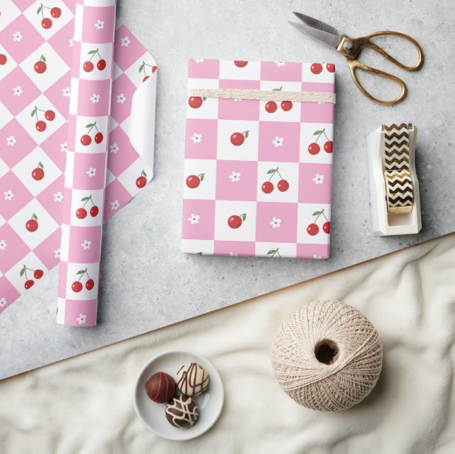 Pink and White Chequered Cherries Wrapping Paper (Crafts)