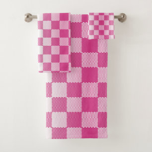 Pink and White Chequered Geometric Bath Towel Set