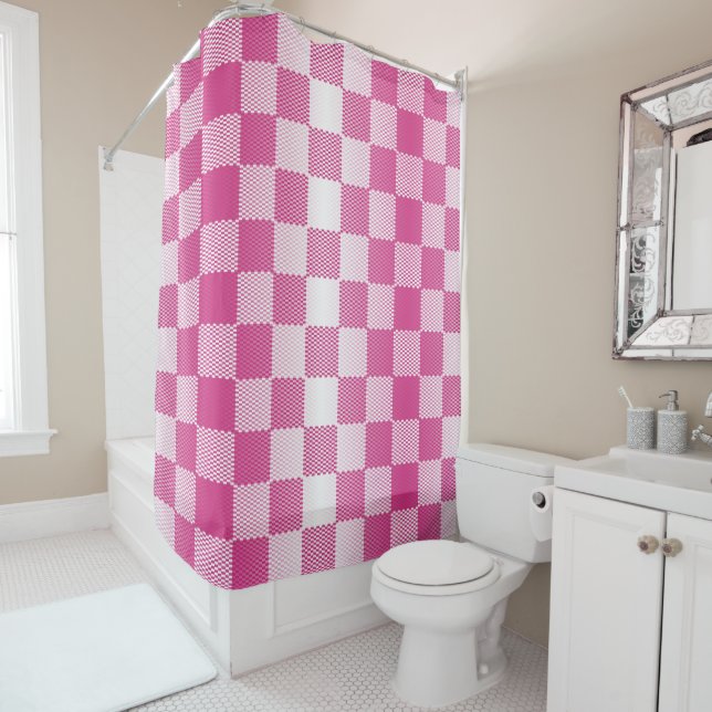 Pink and White Chequered Geometric Shower Curtain (In Situ)