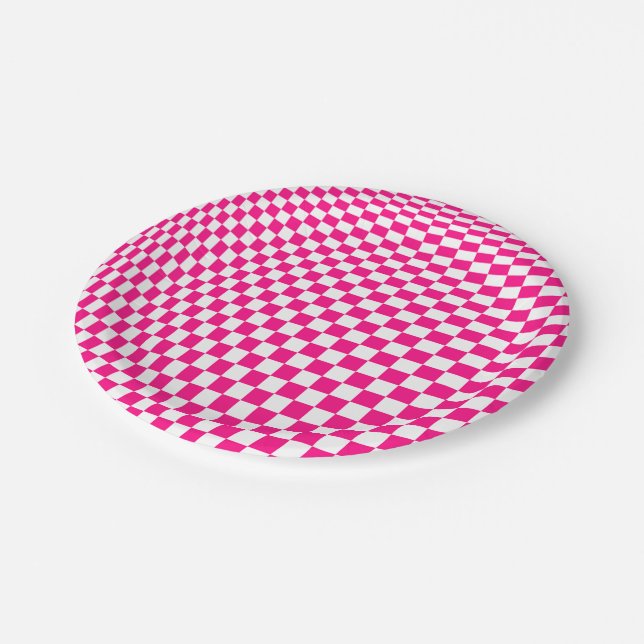 Pink and White Chequered Optical Illusion Paper Plate (Angled)