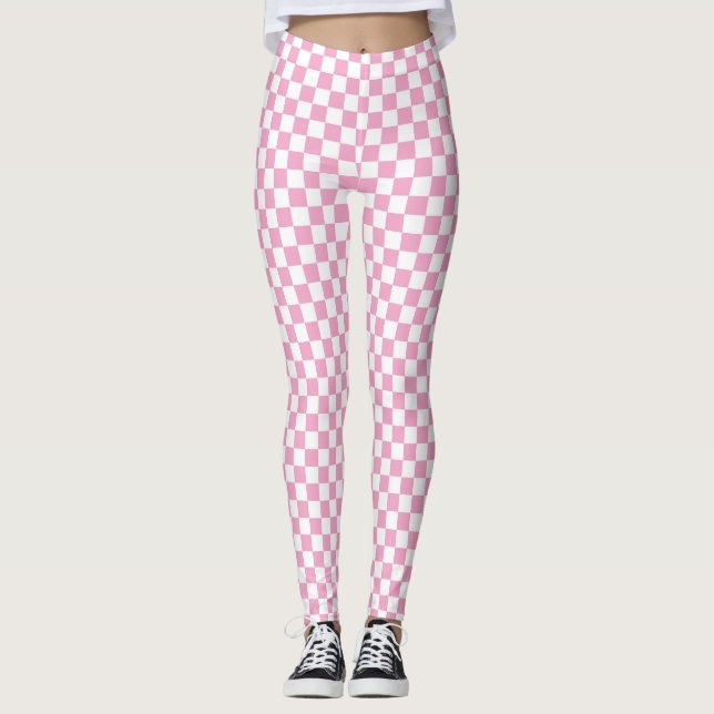 Pink and White Chequered Pattern Leggings (Front)