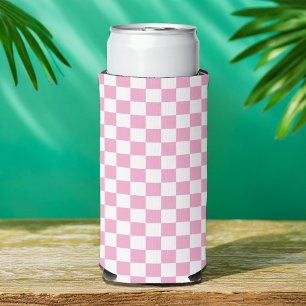 Pink and White Chequered Pattern Seltzer Can Cooler