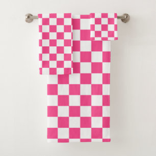 Pink and White Chequered Print Bath Towel Set