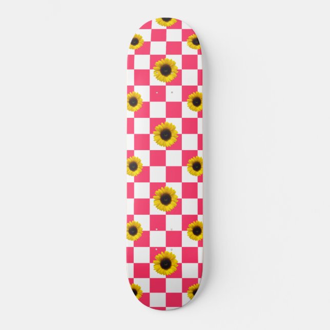 Pink and White Chequered & Sunflower Print Skateboard (Front)
