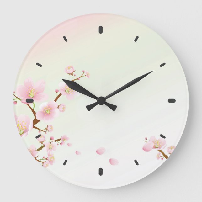 Pink And White Cherry Blossom Nature Monogram Large Clock (Front)
