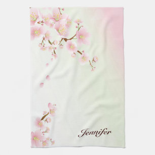 Pink And White Cherry Blossom Nature Monogram Tea Towel