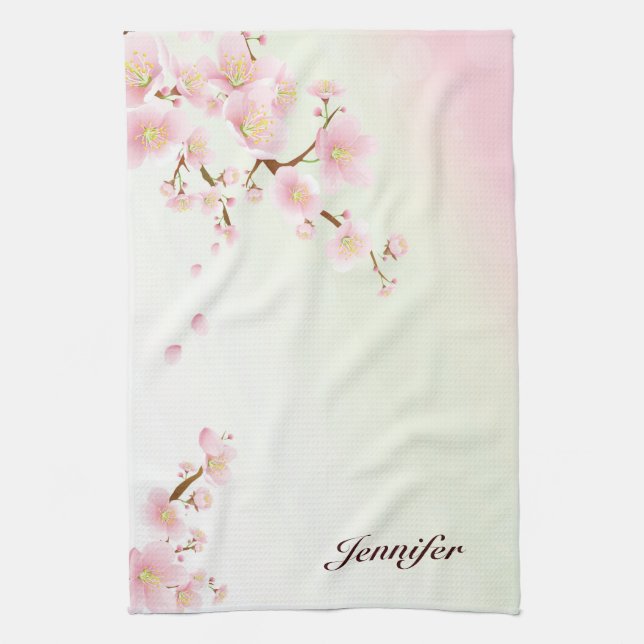 Pink And White Cherry Blossom Nature Monogram Tea Towel (Vertical)