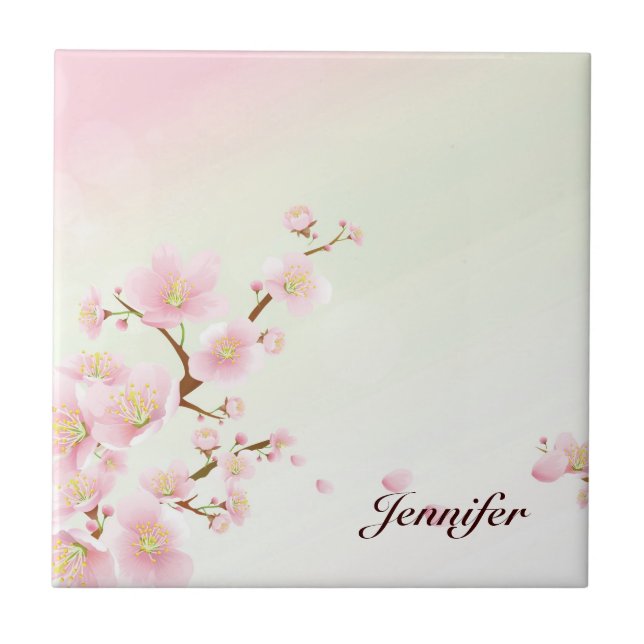 Pink And White Cherry Blossom Nature Monogram Tile (Front)