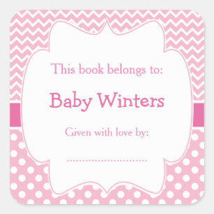 Pink and White Chevron and Polka Dots Bookplate Square Sticker