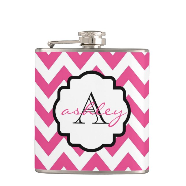 Pink and White Chevron Monogram Flask (Front)