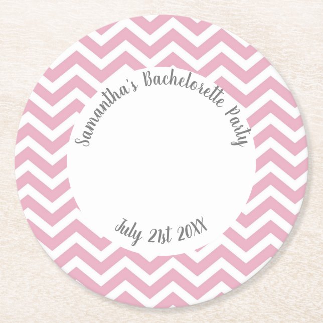 Pink and white chevron party round paper coaster (Front)