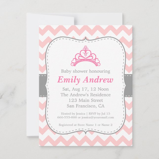 Pink and White Chevron, Princess Baby Girl Shower Invitation (Front)