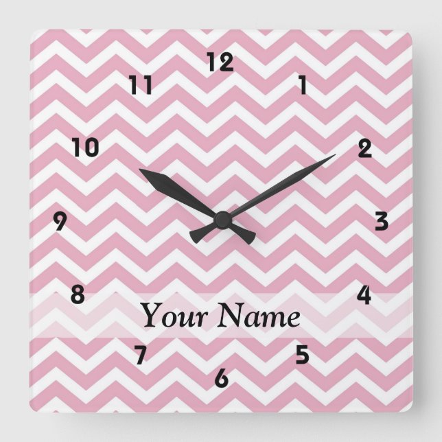 Pink and white chevron square wall clock (Front)