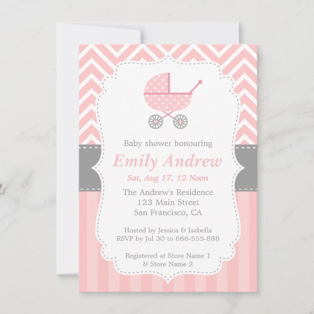Pink and White Chevron, Stroller, Baby Girl Shower Invitation (Front)