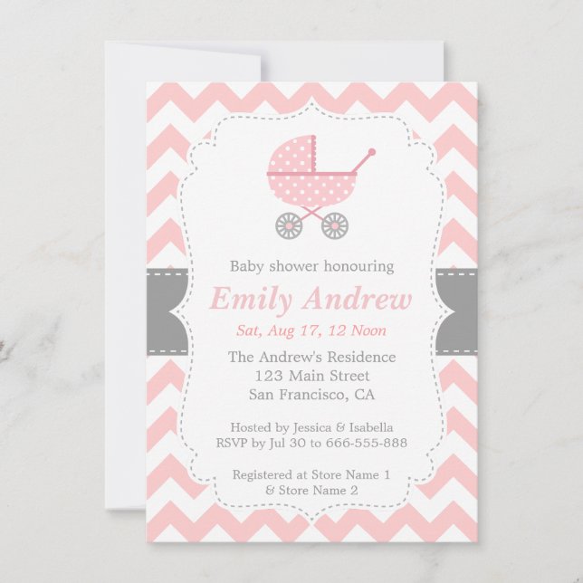 Pink and White Chevron, Stroller, Baby Girl Shower Invitation (Front)