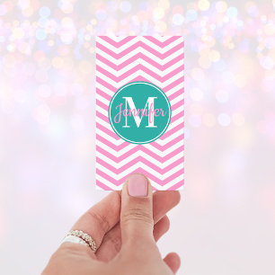 Pink and White Chevron Turquoise Monogram Business Card