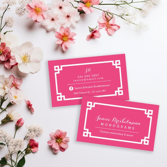 Pink and White Chic Greek Key Border Business Card (Creator Uploaded)
