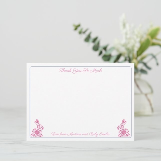 Pink And White Chinoiserie Bunny Girl Baby Shower  Thank You Card (Standing Front)
