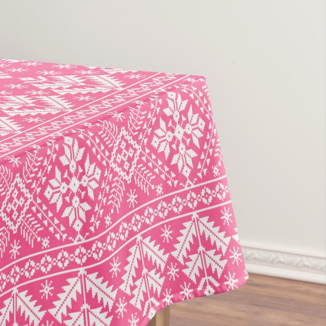 Pink and White Christmas Fair Isle Pattern Tablecloth (In Situ)