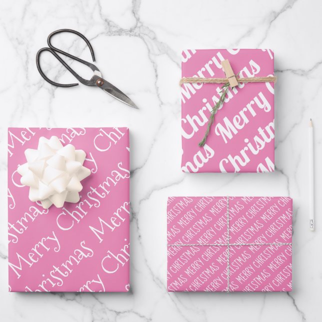 Pink and white Christmas typography modern holiday Wrapping Paper Sheet (Front)