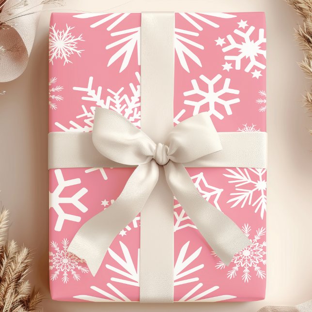 Pink and White Christmas Winter Snowflakes Pattern Wrapping Paper (Creator Uploaded)