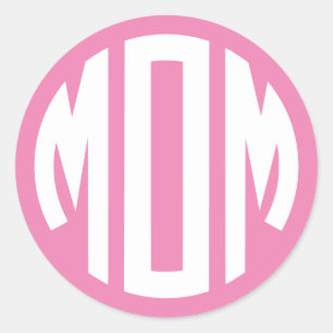 Pink and White Circle Monogram MOM Classic Round Sticker