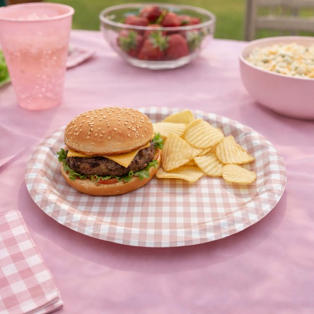 Pink and White Classic Gingham Plaid Pattern Paper Plate (A paper plate with a pink and white gingham plaid pattern.)